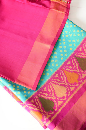 Vibrant Sea Green & Pink Patola Silk Saree