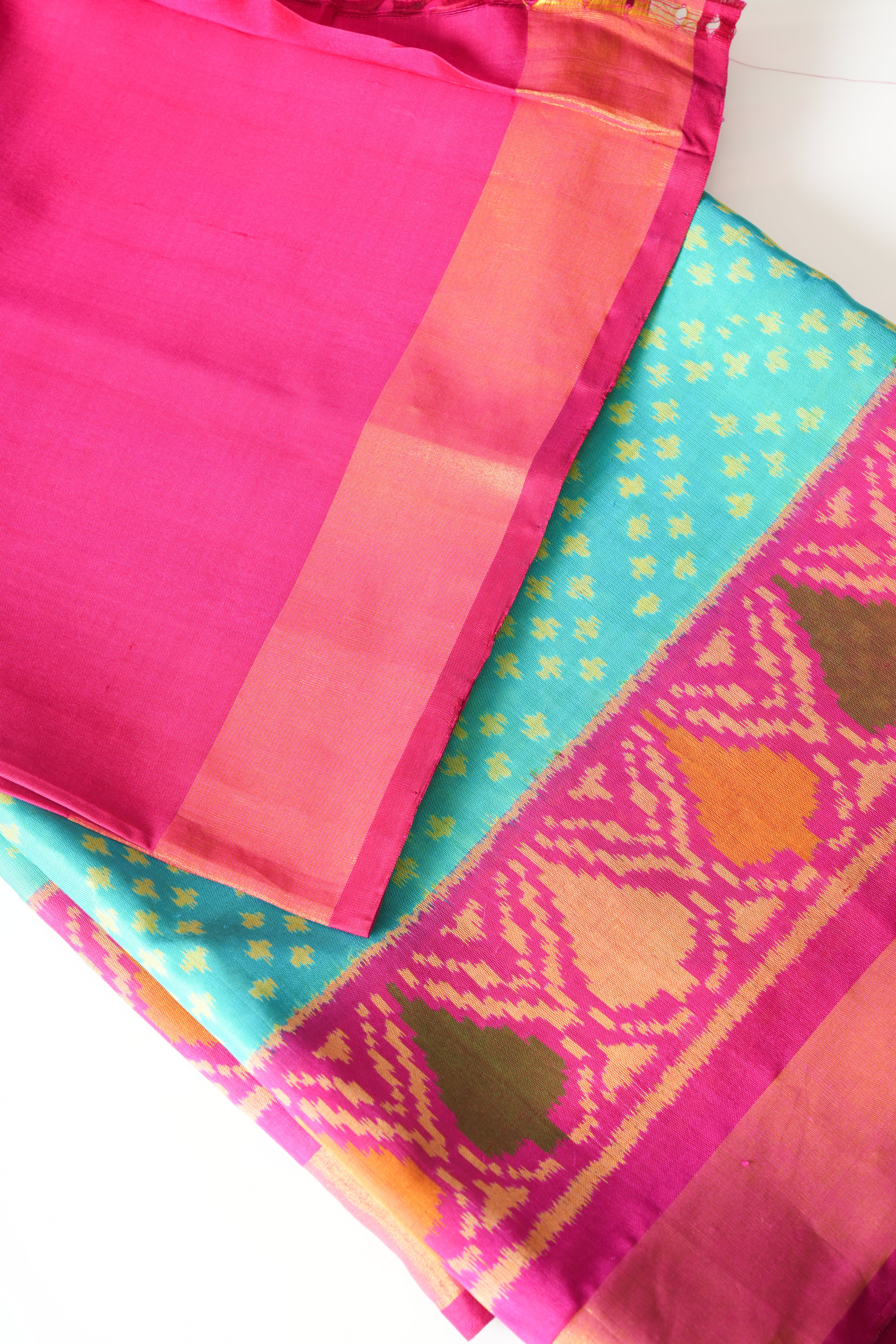 Vibrant Sea Green & Pink Patola Silk Saree