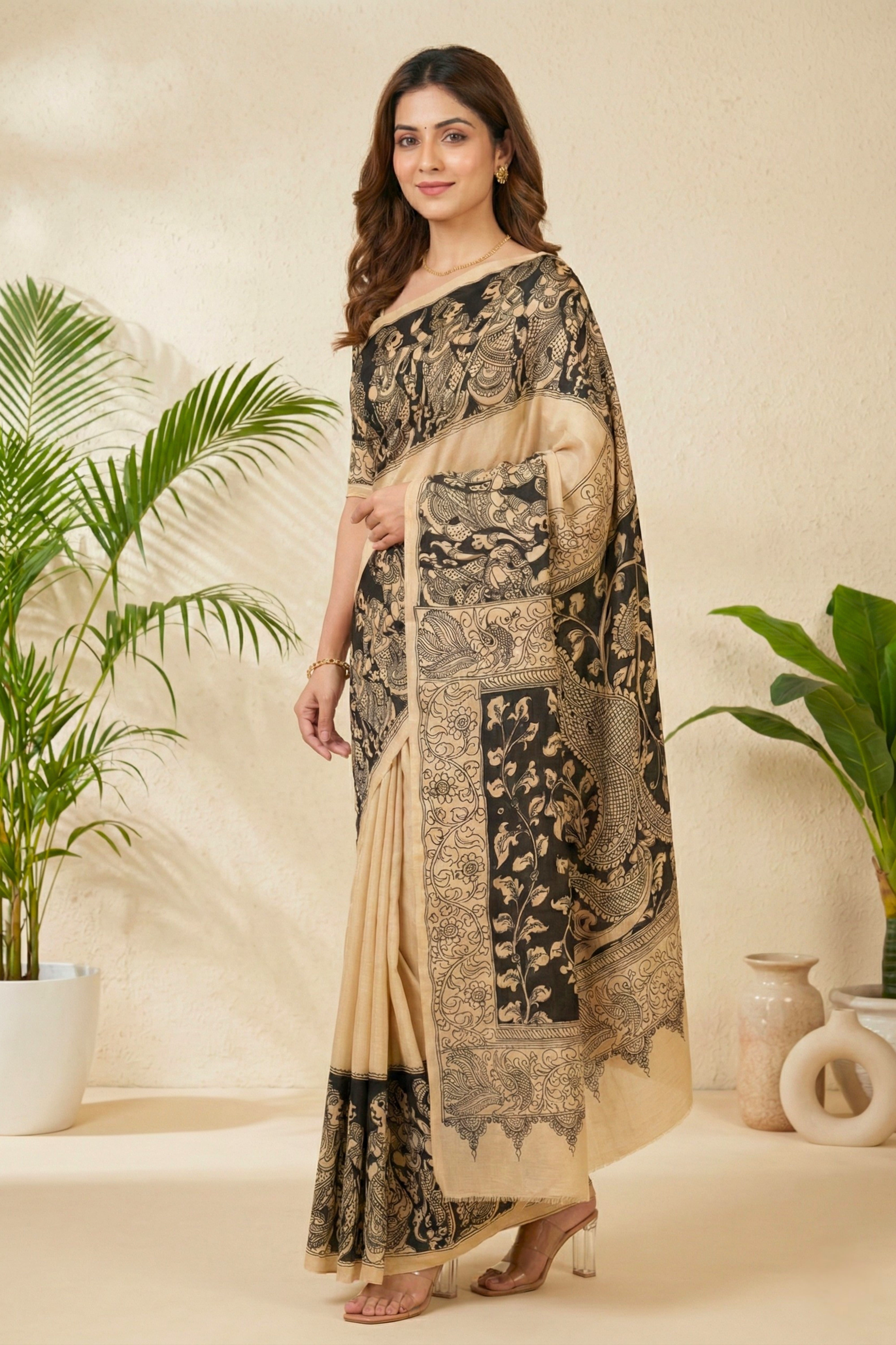 Elegant Beige and Black Kalamkari Print Cotton Silk Saree