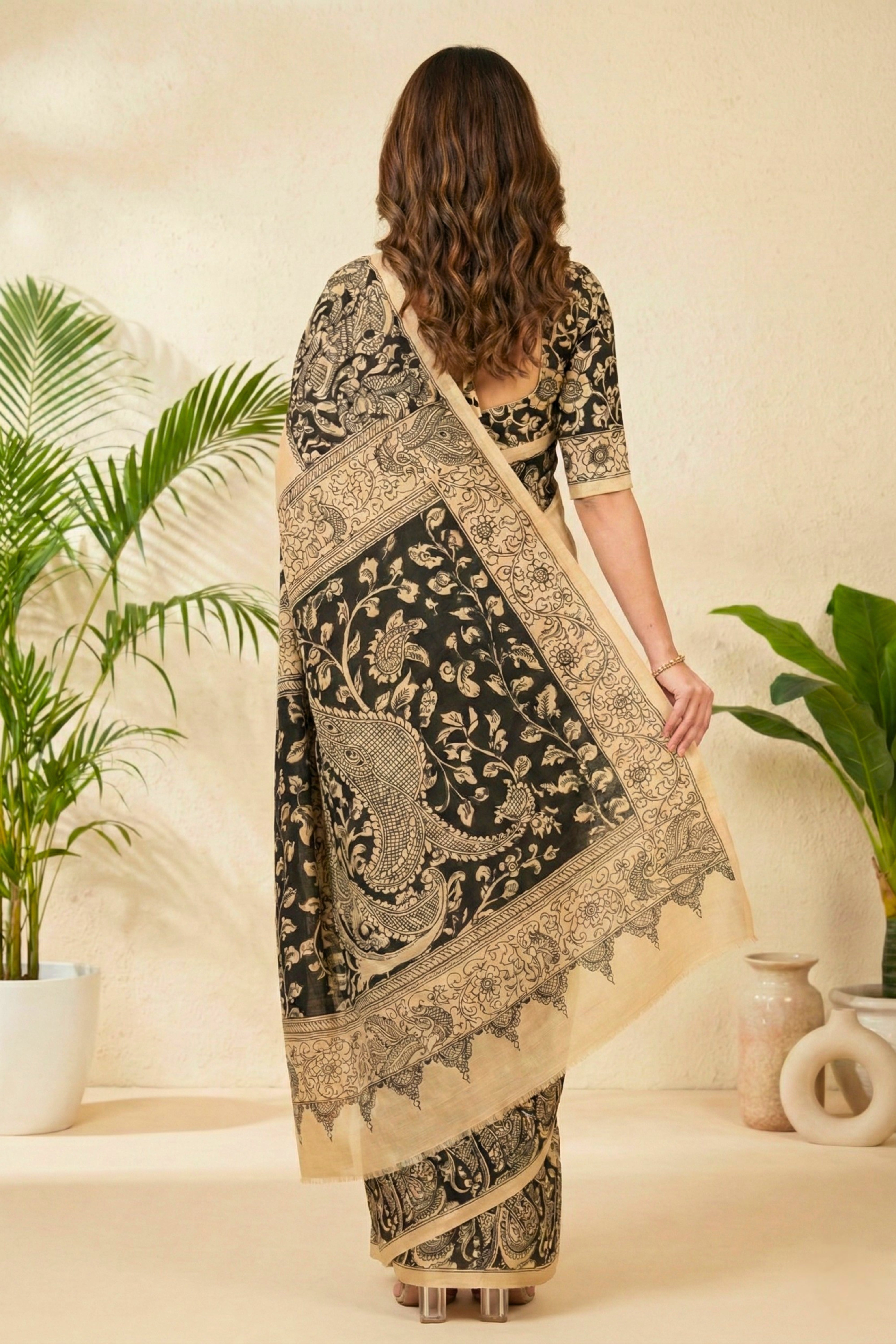 Elegant Beige and Black Kalamkari Print Cotton Silk Saree