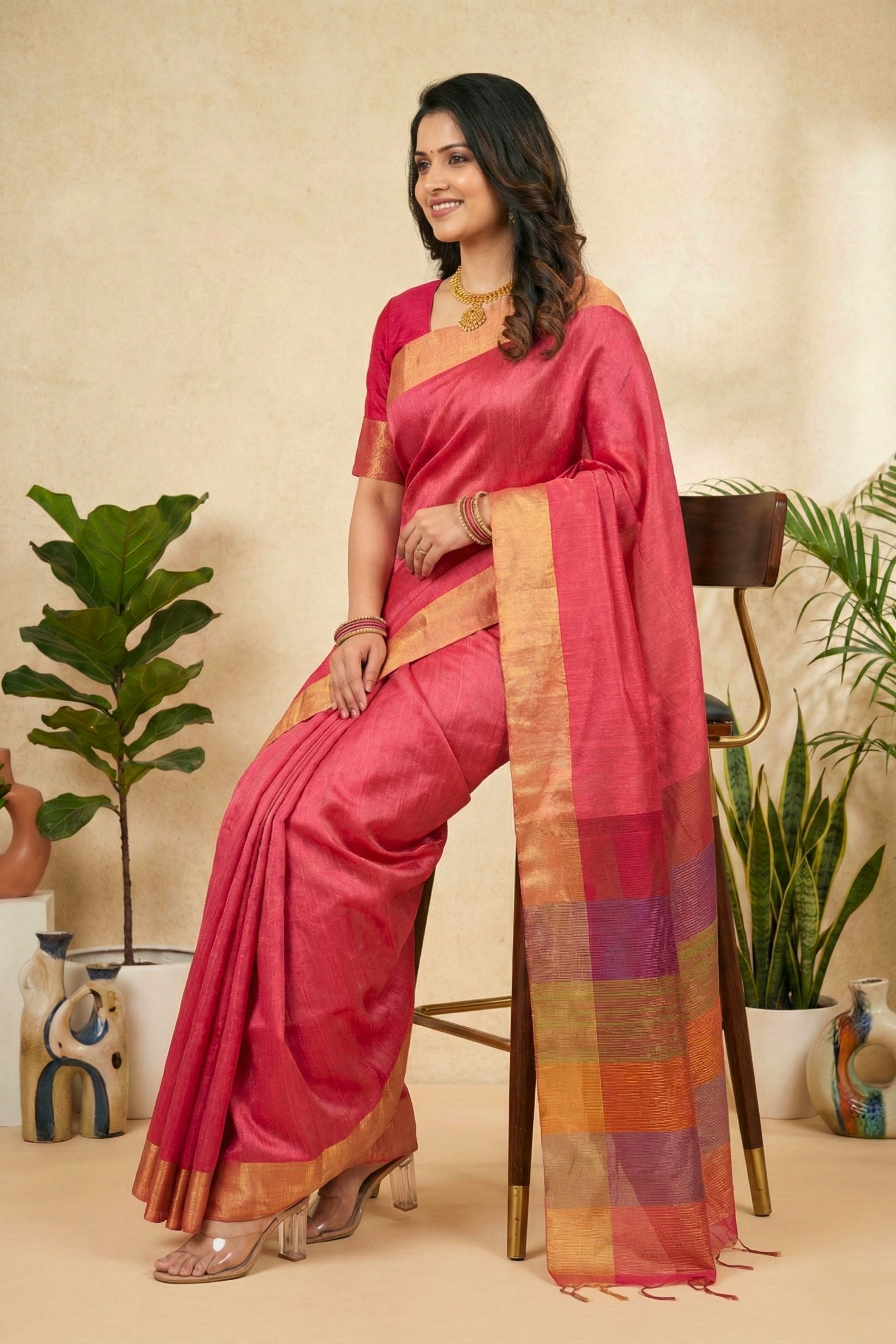 Vibrant Rani Pink Soft Raw Silk Saree with Multi-Colored Striped Pallu