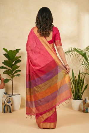 Vibrant Rani Pink Soft Raw Silk Saree with Multi-Colored Striped Pallu