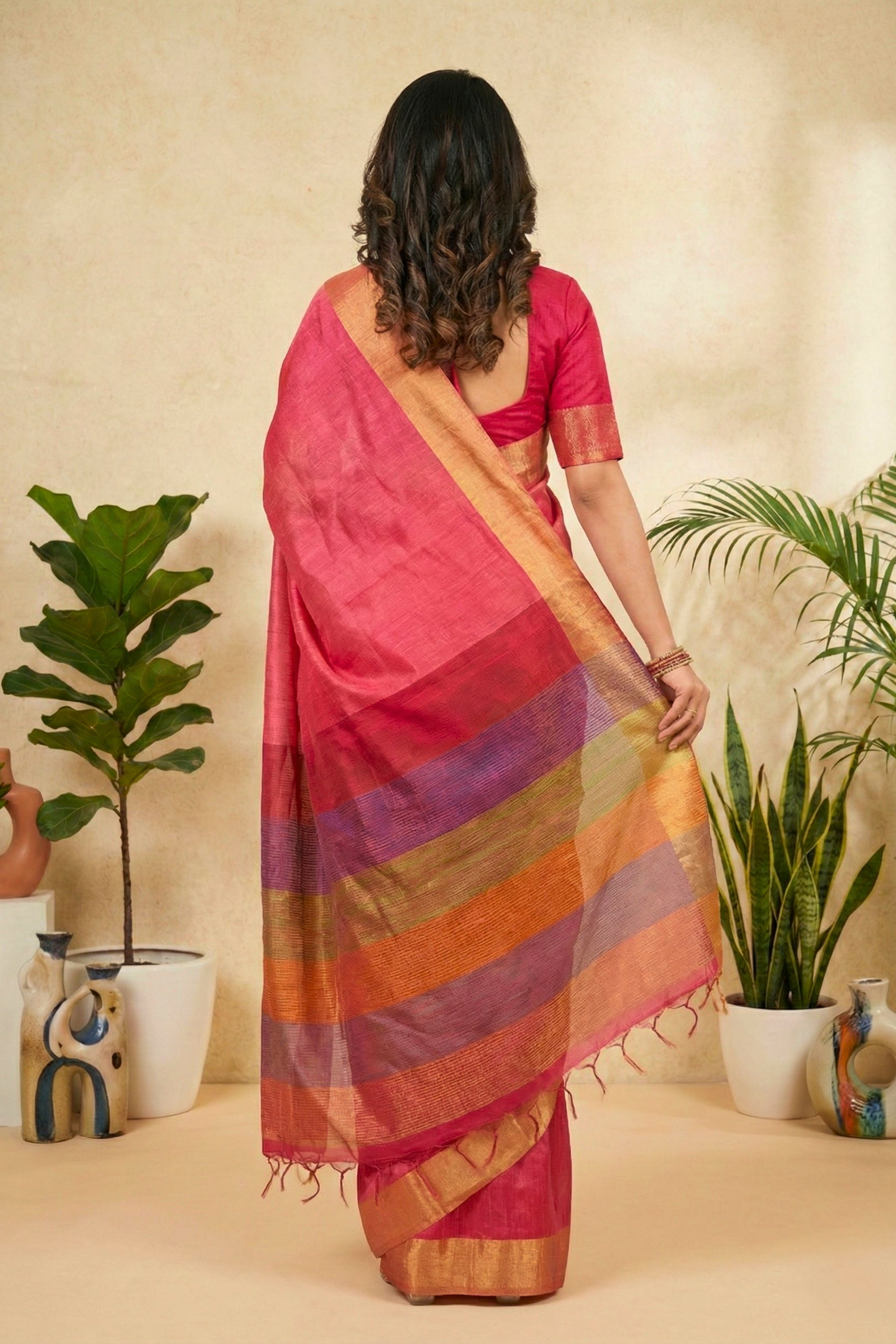 Vibrant Rani Pink Soft Raw Silk Saree with Multi-Colored Striped Pallu