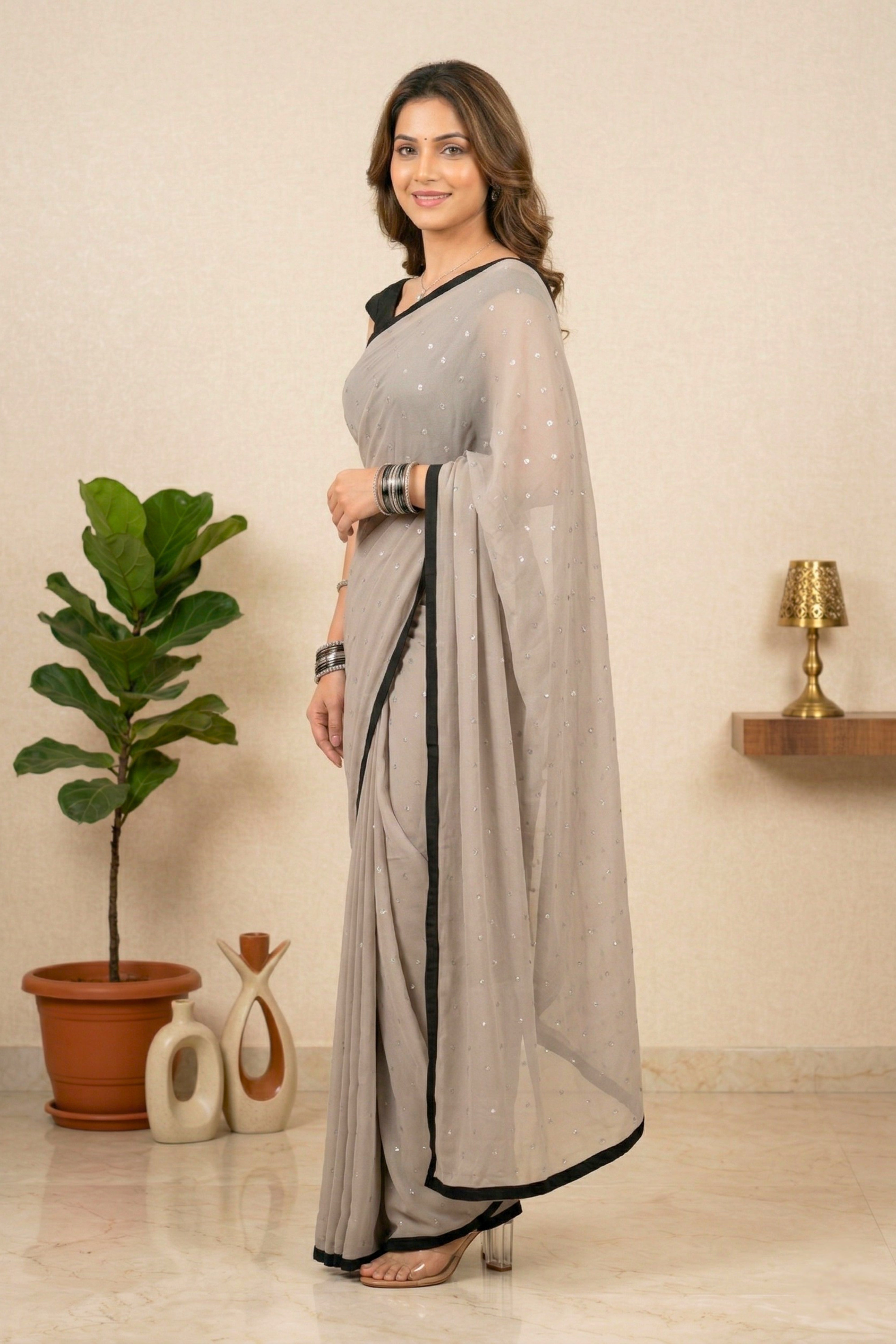 Dove Grey Georgette Saree with Sleek Black Border & Stitched Blouse