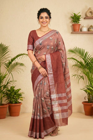 Earthy Rust & Dusty Rose Floral Print Cotton Saree