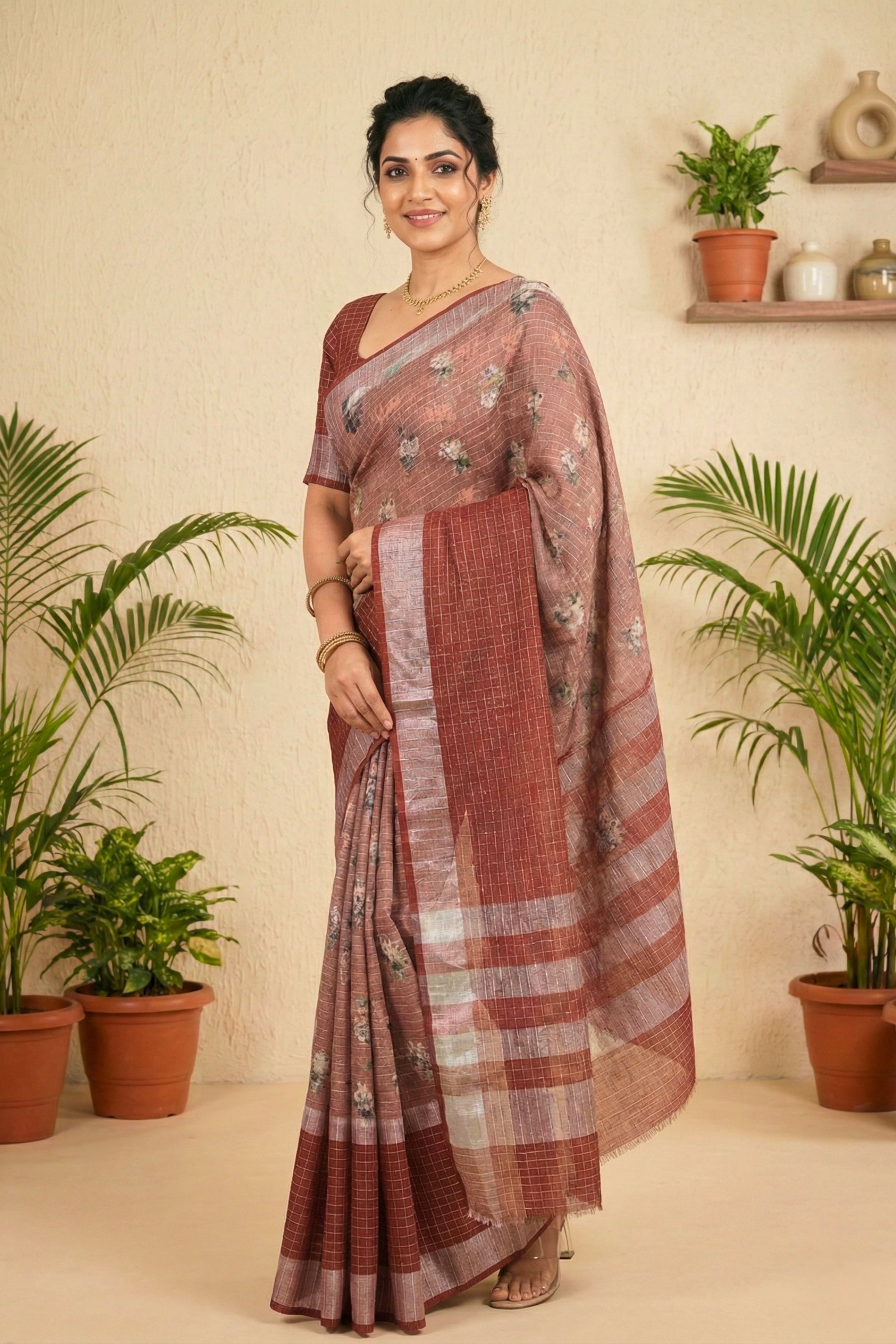 Earthy Rust & Dusty Rose Floral Print Cotton Saree