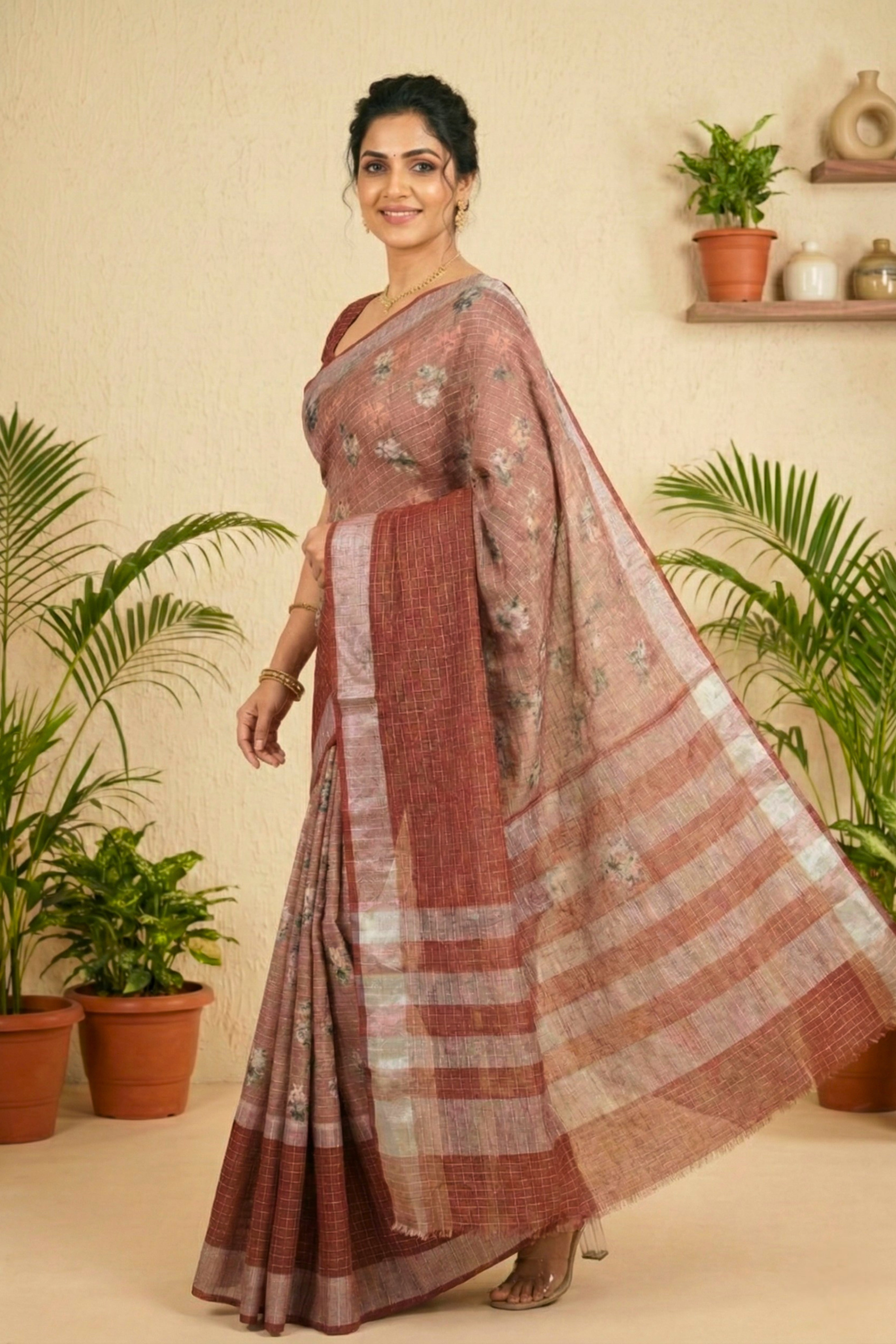 Earthy Rust & Dusty Rose Floral Print Cotton Saree