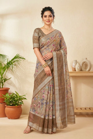 Earthy Beige & Mocha Floral Print Cotton Saree