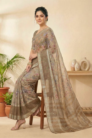 Earthy Beige & Mocha Floral Print Cotton Saree