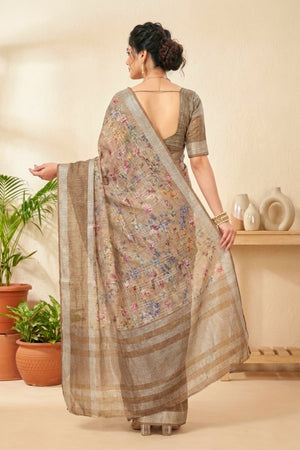 Earthy Beige & Mocha Floral Print Cotton Saree