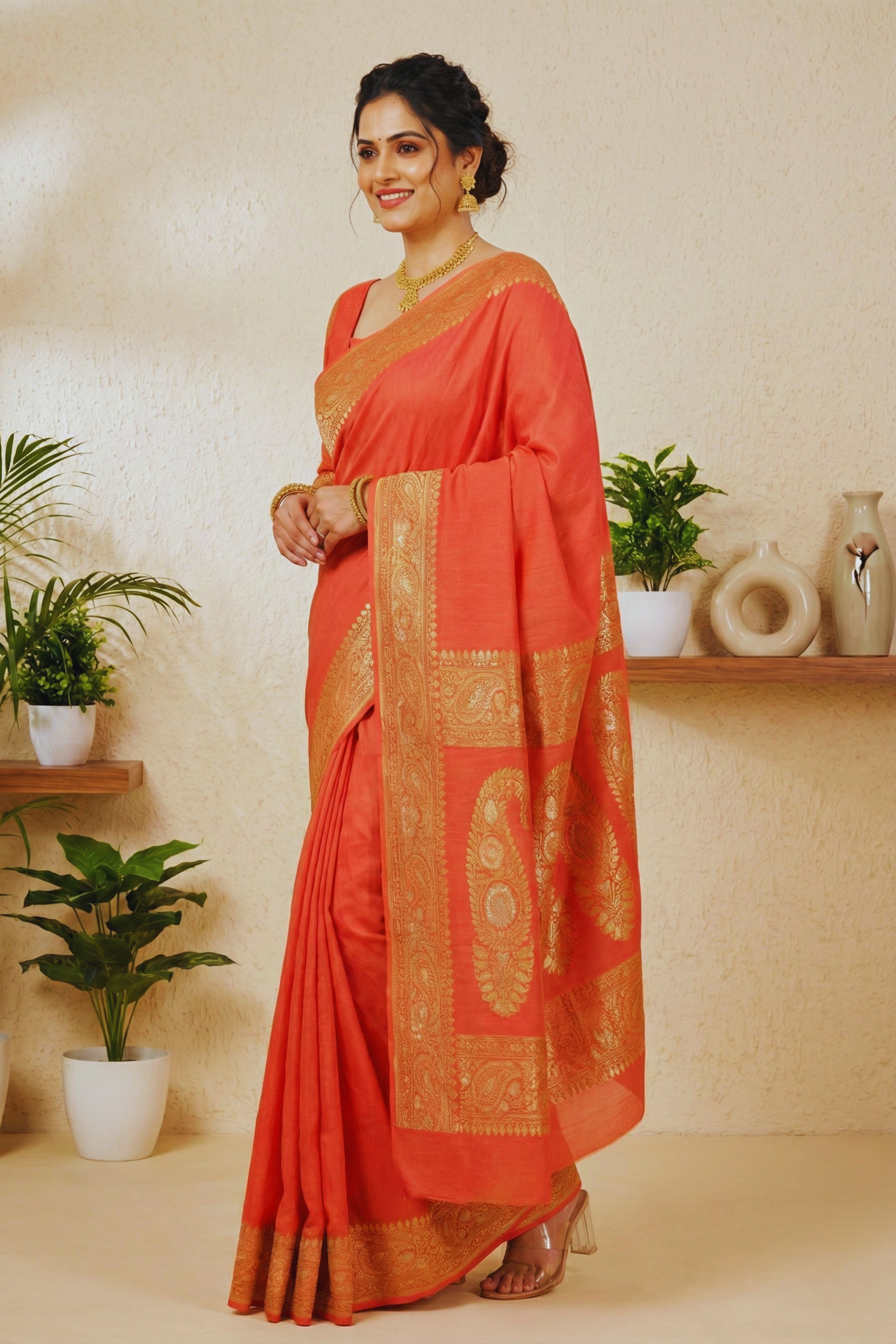 Vibrant Coral Orange Moonga Silk Saree with Antique Gold Zari