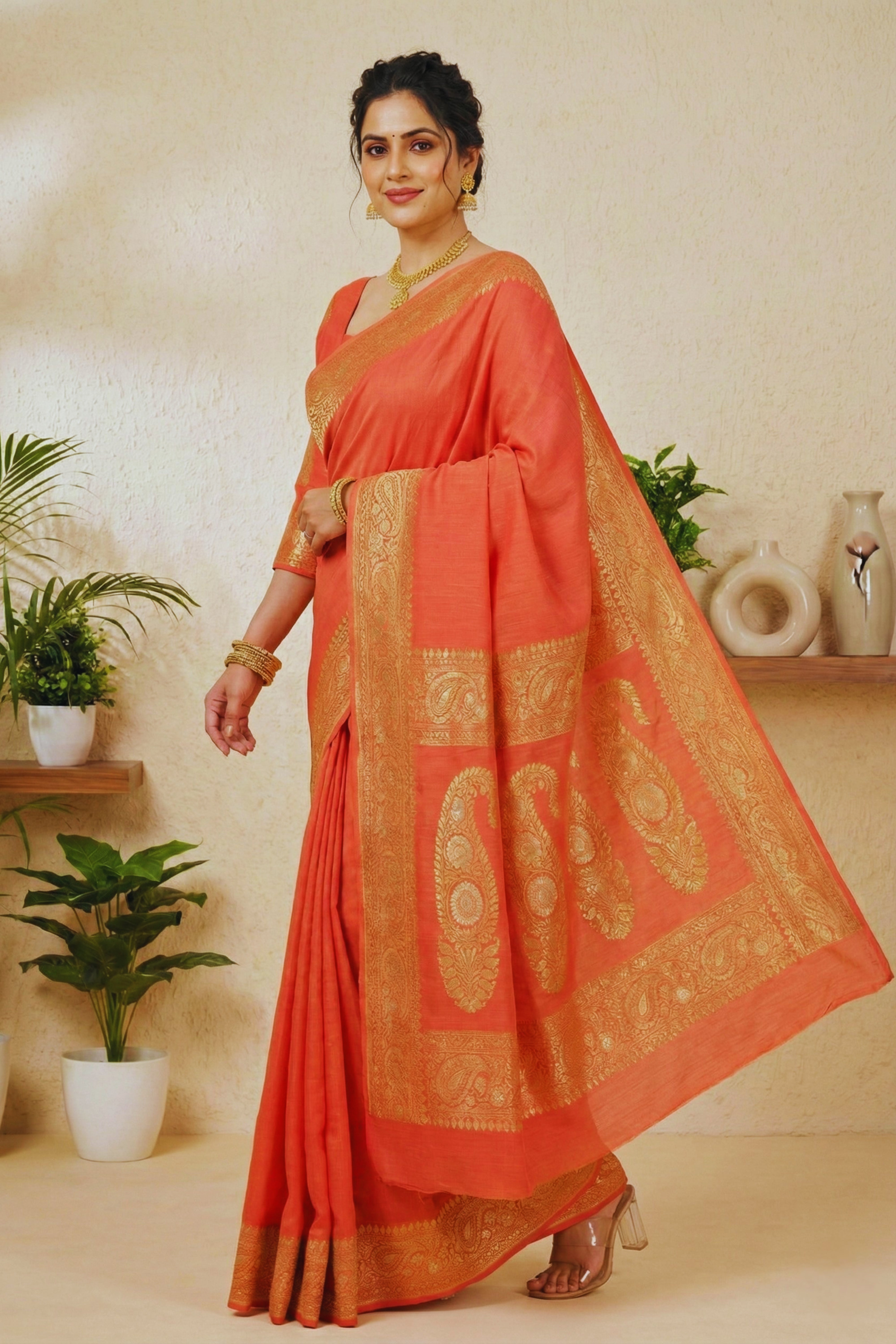 Vibrant Coral Orange Moonga Silk Saree with Antique Gold Zari