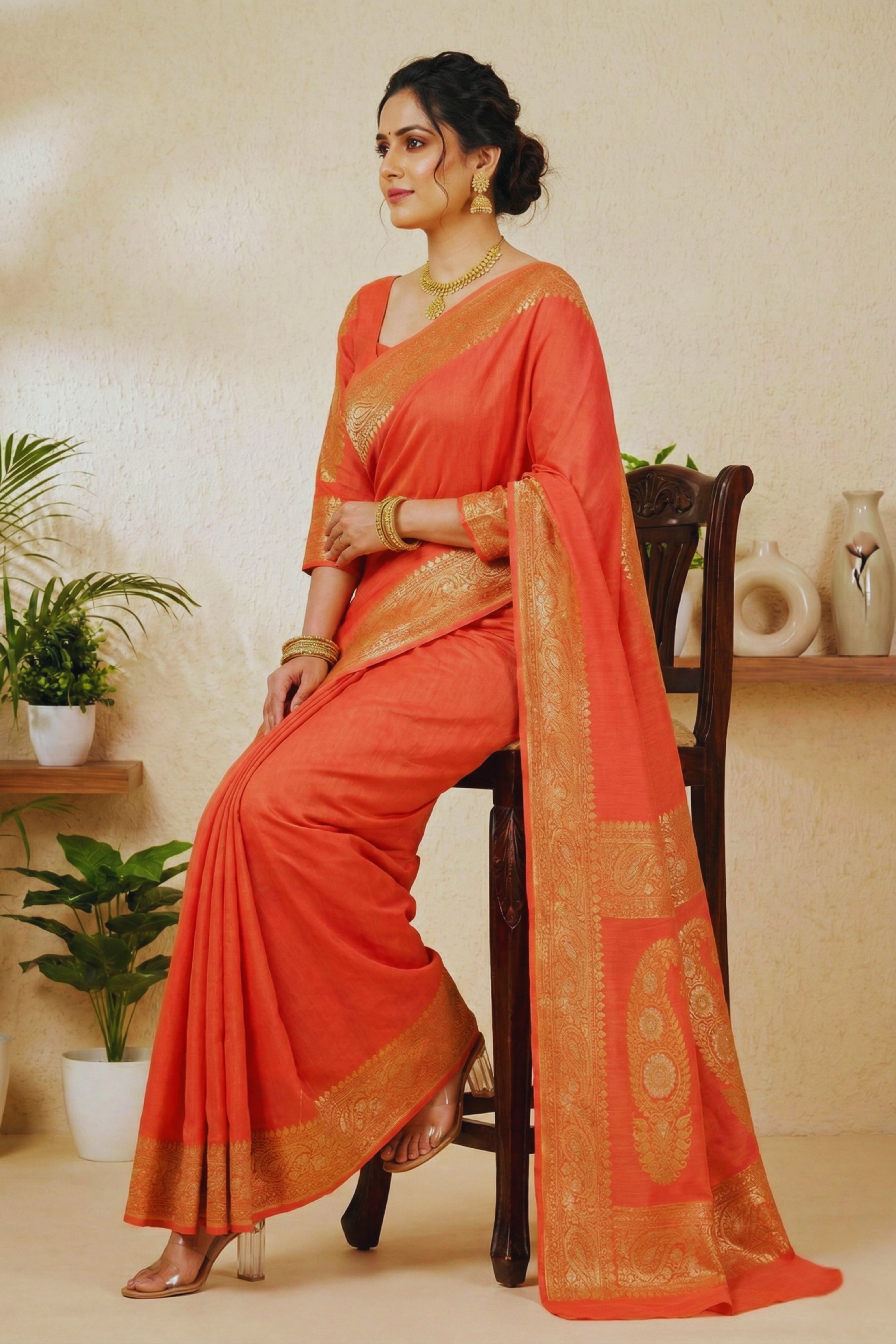 Vibrant Coral Orange Moonga Silk Saree with Antique Gold Zari