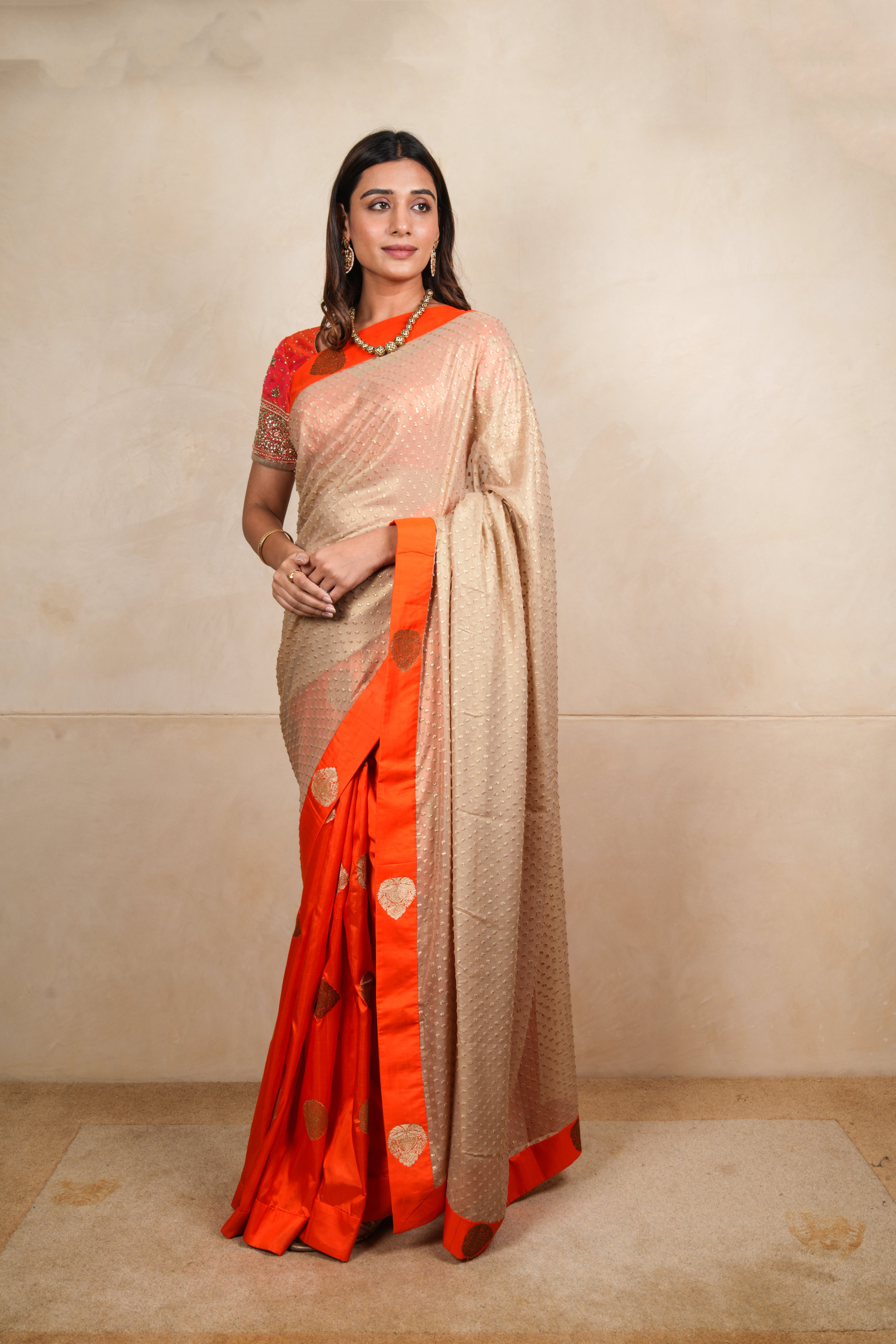 Orange & Gold Half-and-Half Silk and Georgette Saree