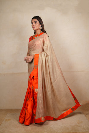 Orange & Gold Half-and-Half Silk and Georgette Saree