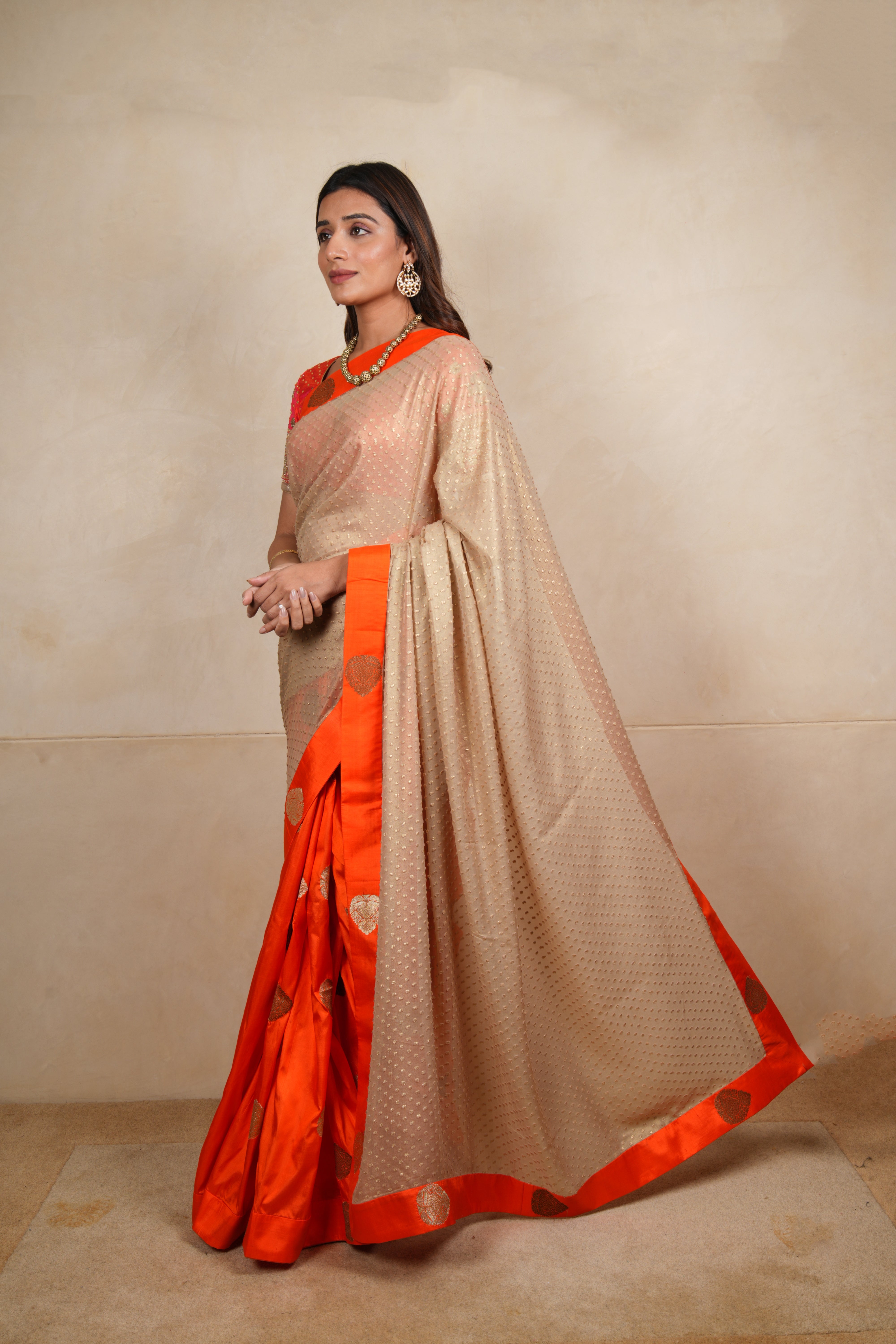 Orange & Gold Half-and-Half Silk and Georgette Saree