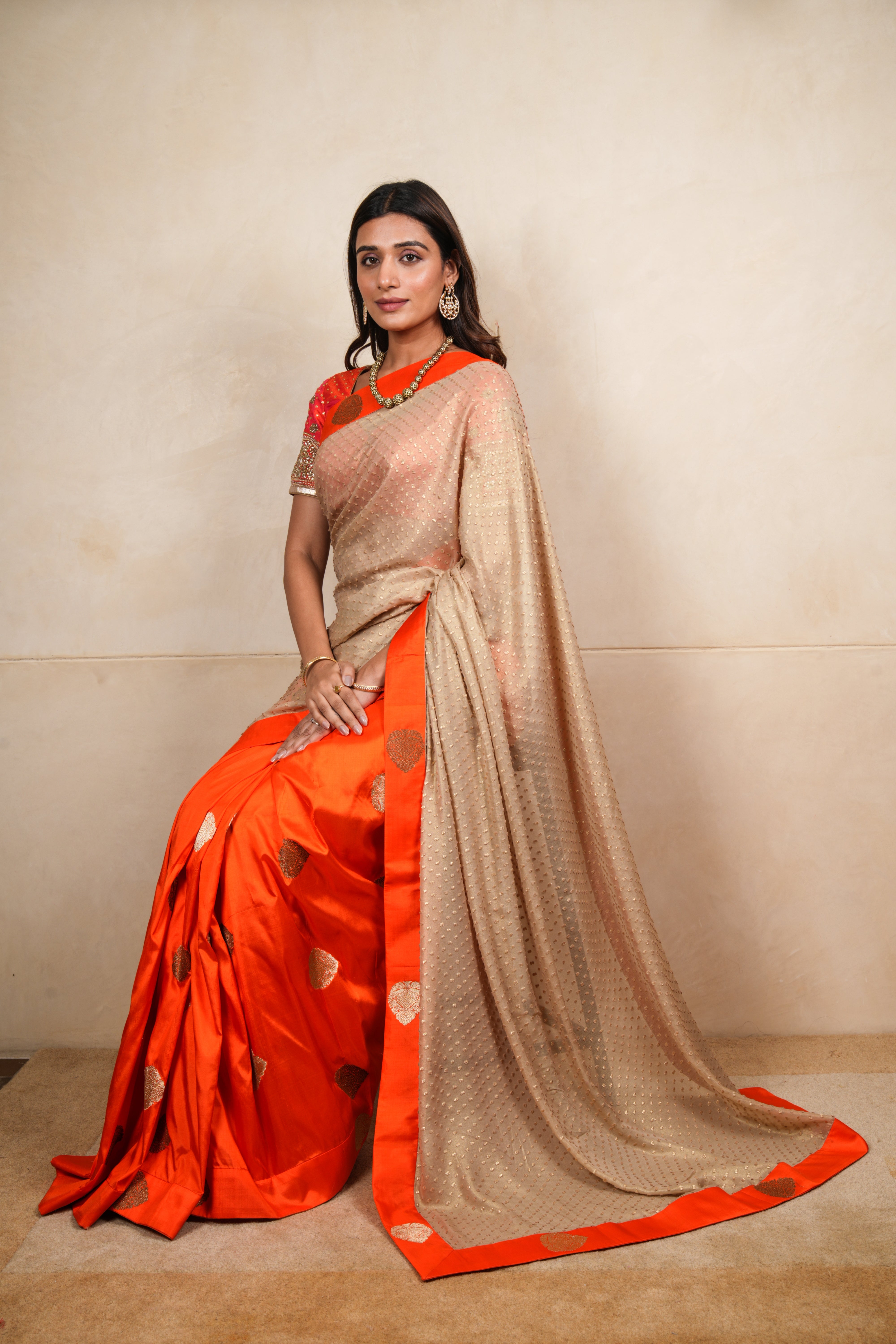 Orange & Gold Half-and-Half Silk and Georgette Saree