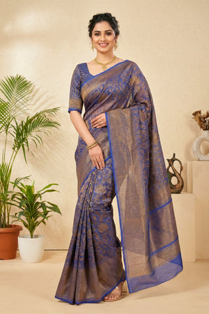 Royal Indigo Linen Saree with Antique Gold Floral Weaves