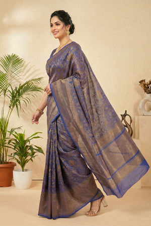 Royal Indigo Linen Saree with Antique Gold Floral Weaves