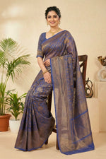 Royal Indigo Linen Saree with Antique Gold Floral Weaves