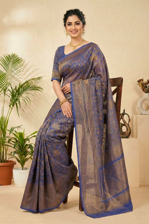 Royal Indigo Linen Saree with Antique Gold Floral Weaves