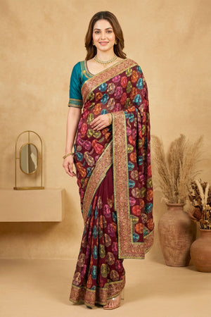 Exquisite Maroon Georgette Saree with Multicolored Parsi Embroidery