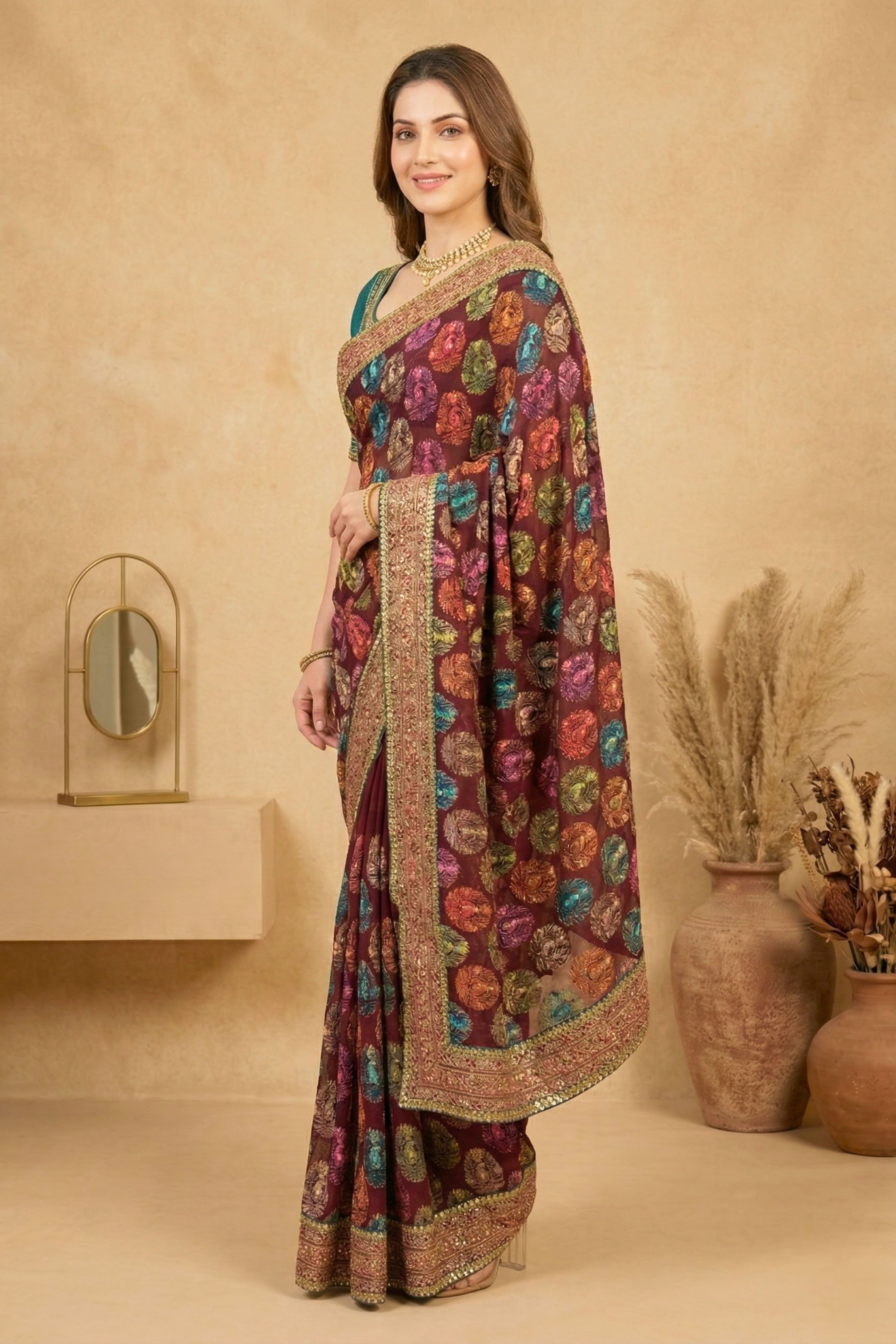 Exquisite Maroon Georgette Saree with Multicolored Parsi Embroidery