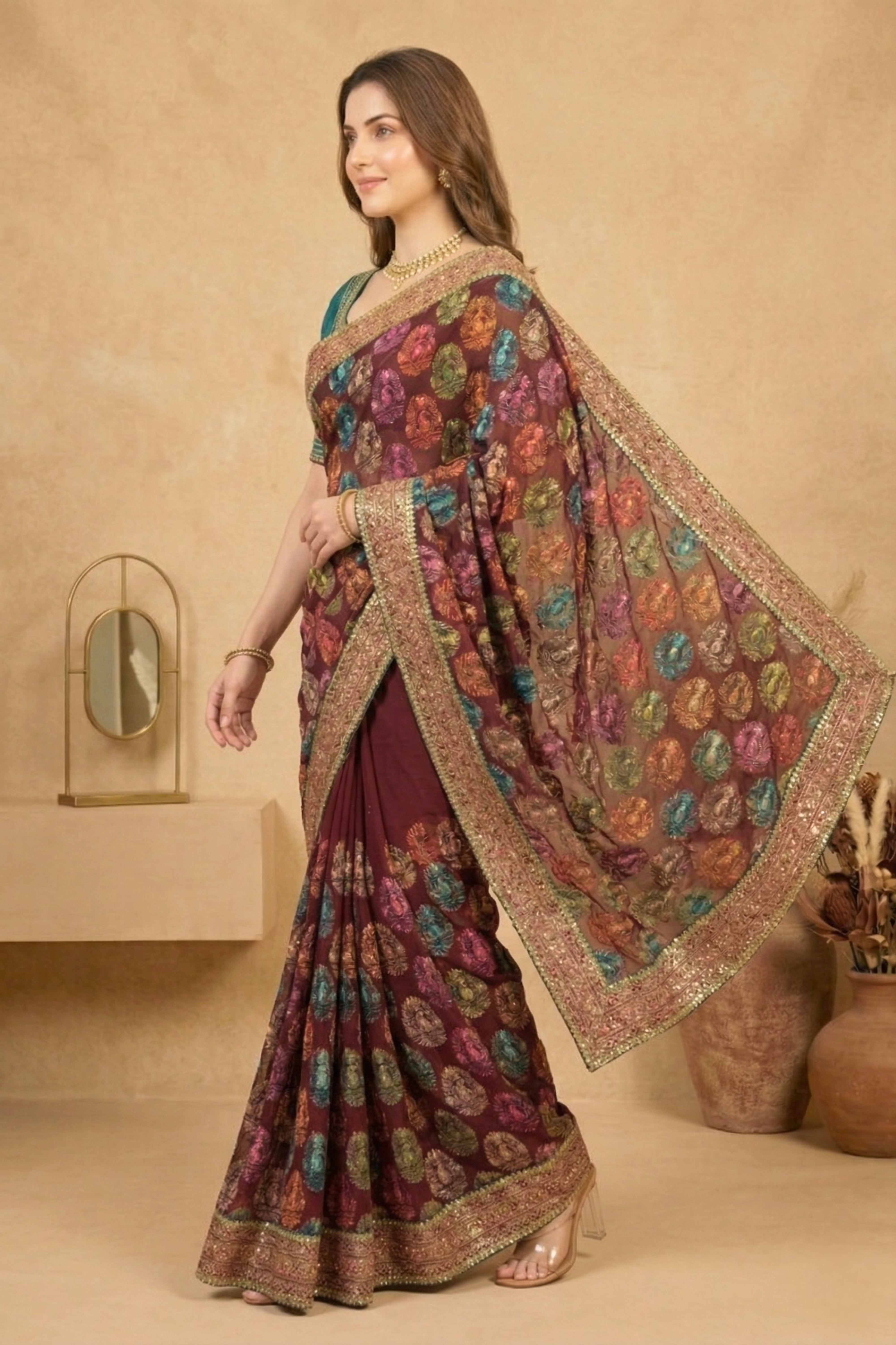 Exquisite Maroon Georgette Saree with Multicolored Parsi Embroidery