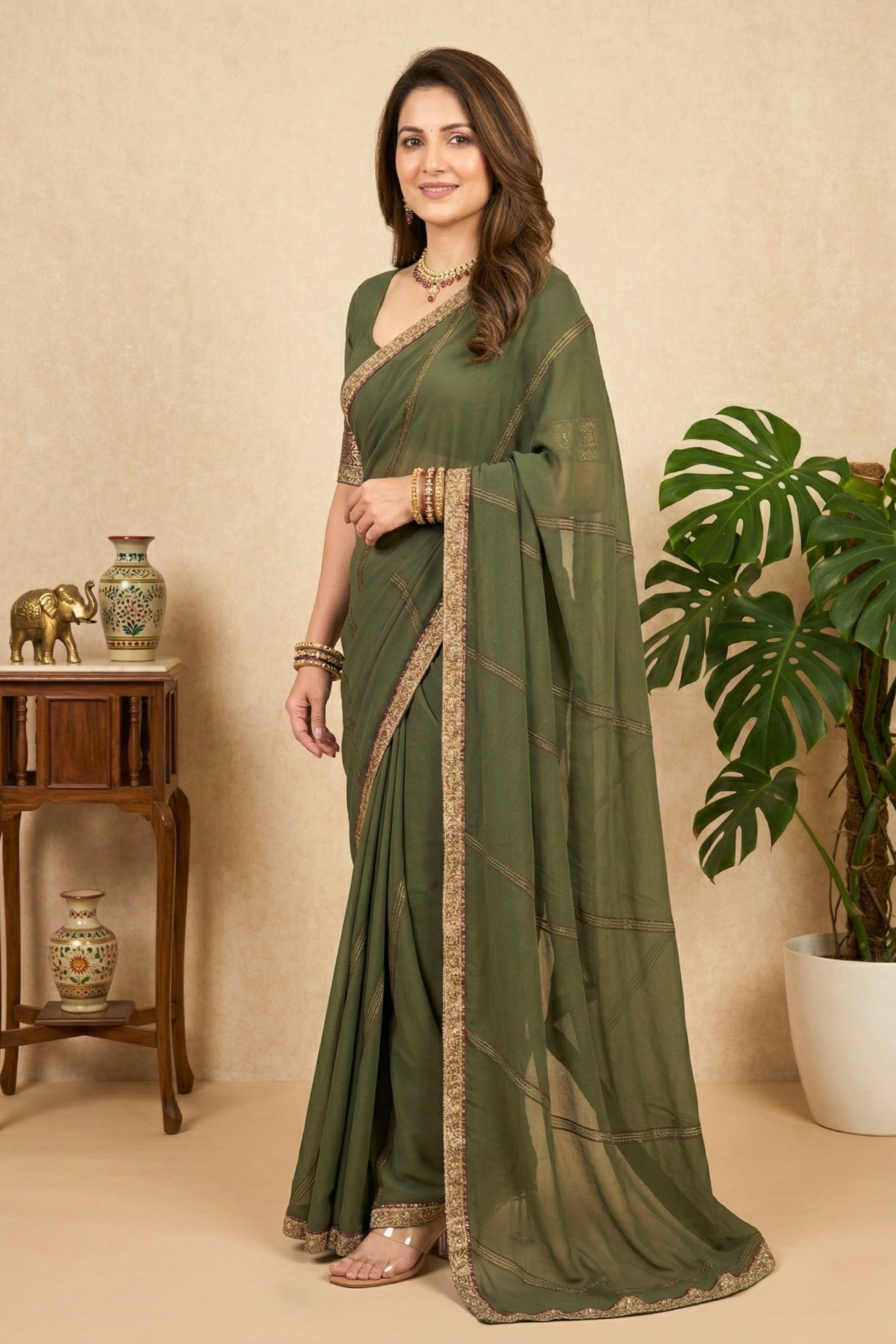 Elegant Olive Green Georgette Saree with Zari Stripes