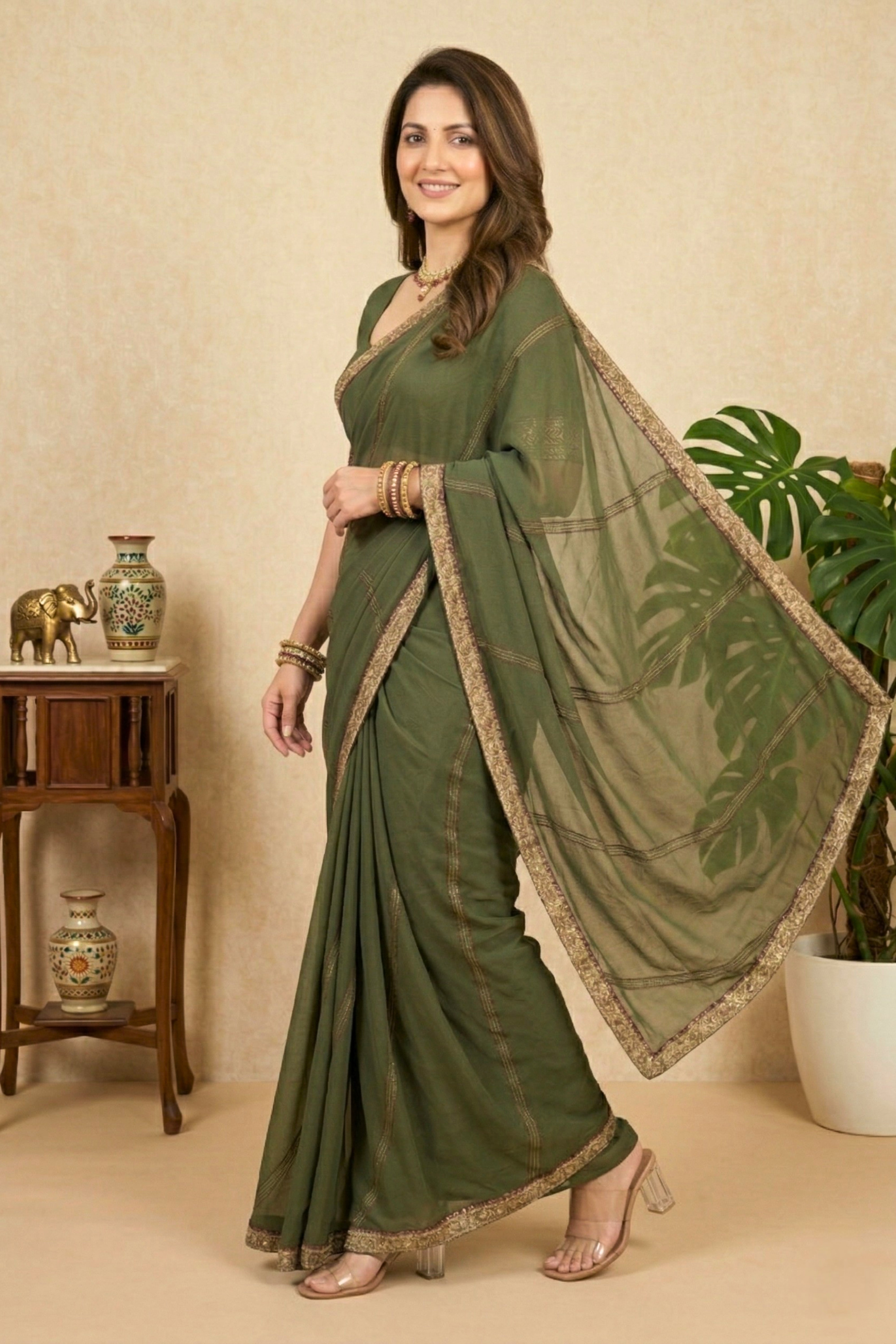 Elegant Olive Green Georgette Saree with Zari Stripes