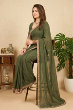 Elegant Olive Green Georgette Saree with Zari Stripes