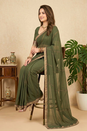 Elegant Olive Green Georgette Saree with Zari Stripes