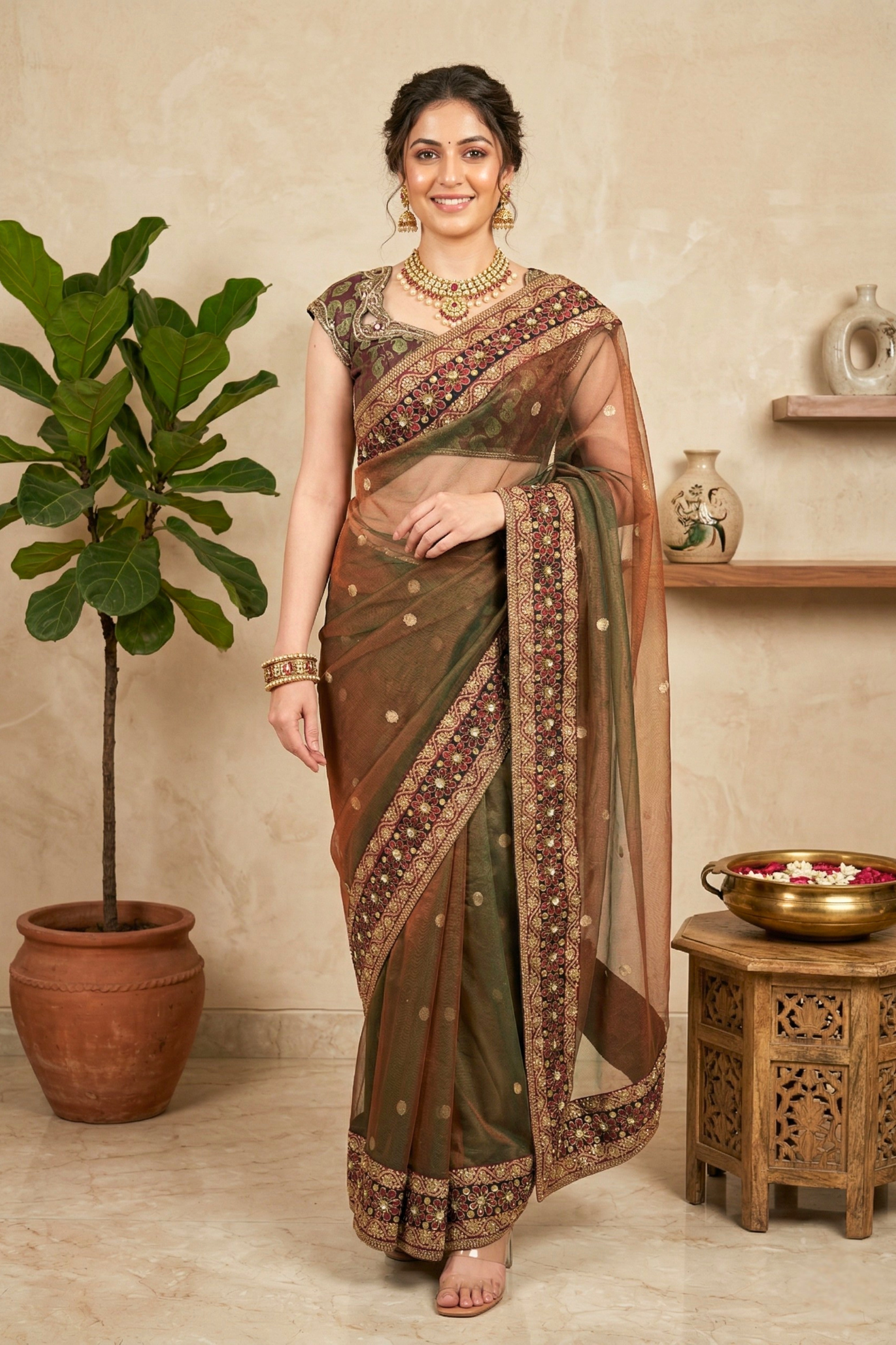 Exquisite Dual-Tone Bronze Shimmer Net Saree with Heavy Jeweled Border