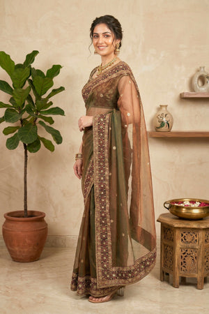 Exquisite Dual-Tone Bronze Shimmer Net Saree with Heavy Jeweled Border