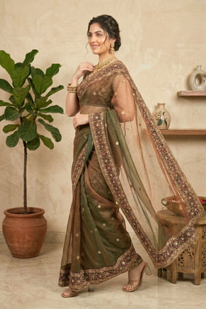 Exquisite Dual-Tone Bronze Shimmer Net Saree with Heavy Jeweled Border