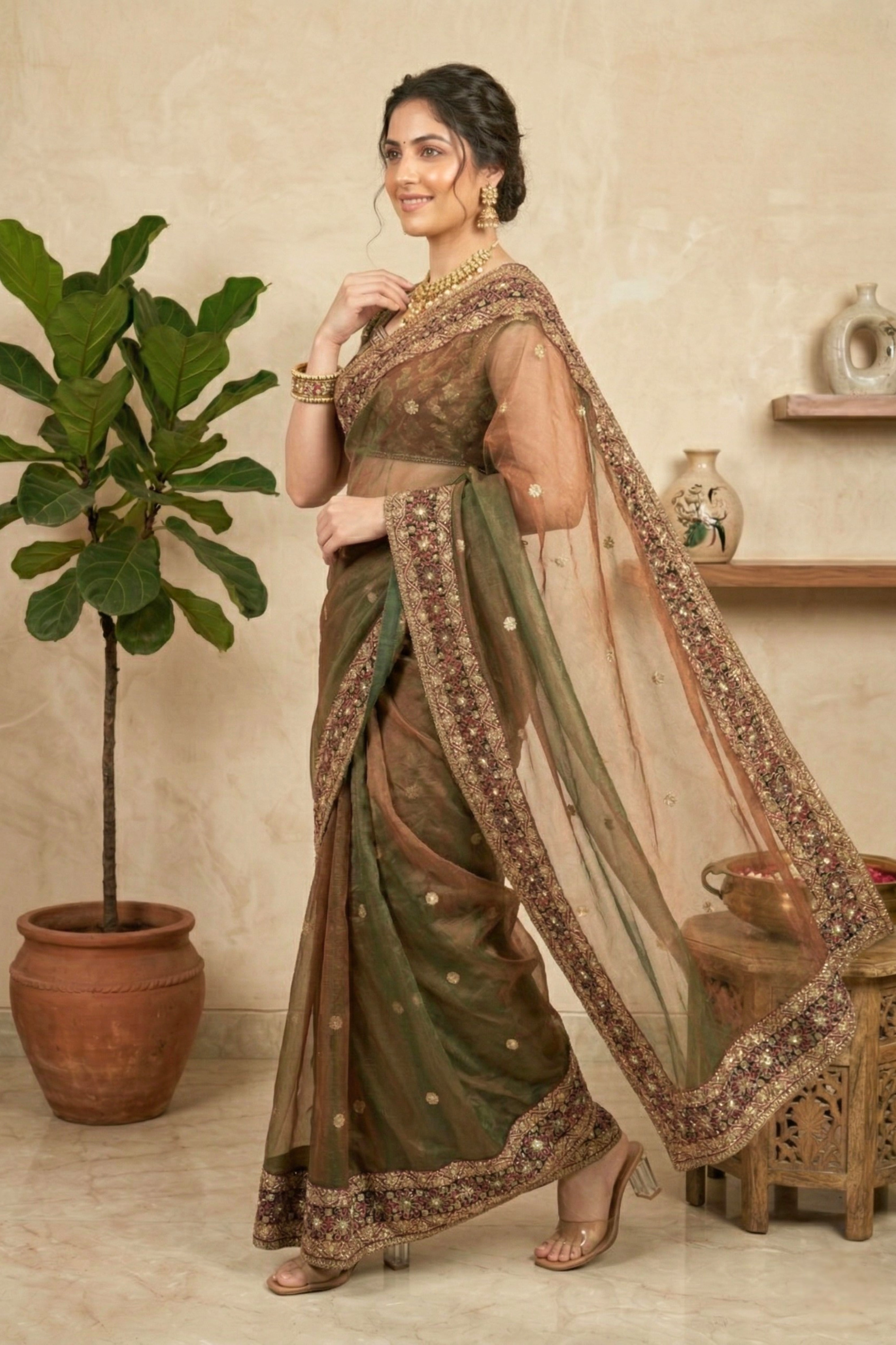 Exquisite Dual-Tone Bronze Shimmer Net Saree with Heavy Jeweled Border
