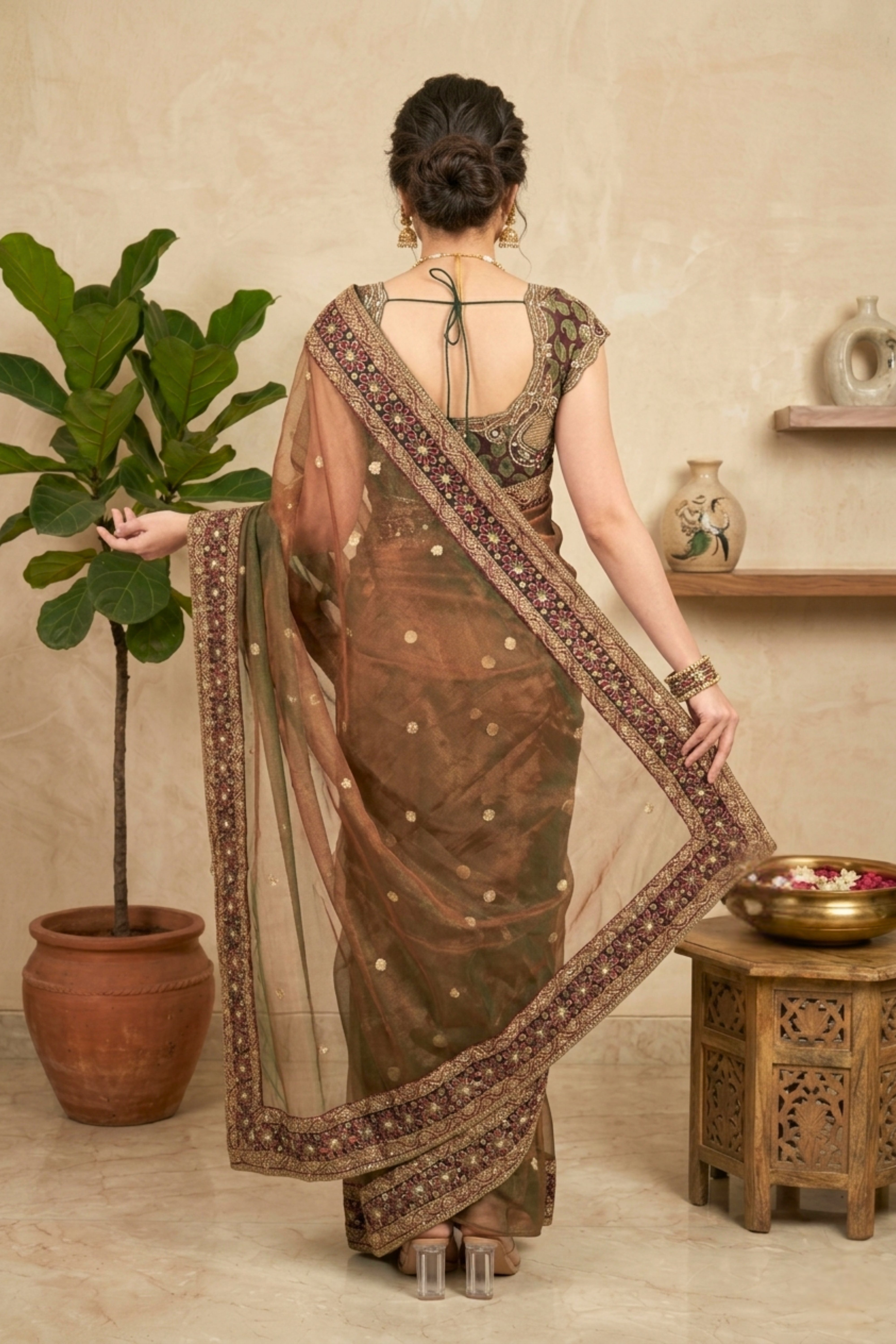 Exquisite Dual-Tone Bronze Shimmer Net Saree with Heavy Jeweled Border