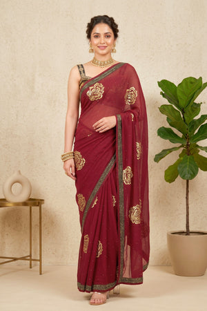 Elegant Maroon Georgette Saree with Golden Floral Motifs