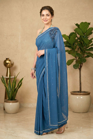 Captivating Steel Blue Georgette Saree with Statement Shoulder Motif