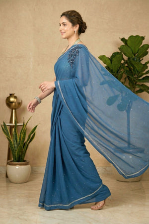 Captivating Steel Blue Georgette Saree with Statement Shoulder Motif