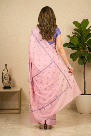 Elegant Blush Pink Crepe Saree with Delicate Blue Threadwork