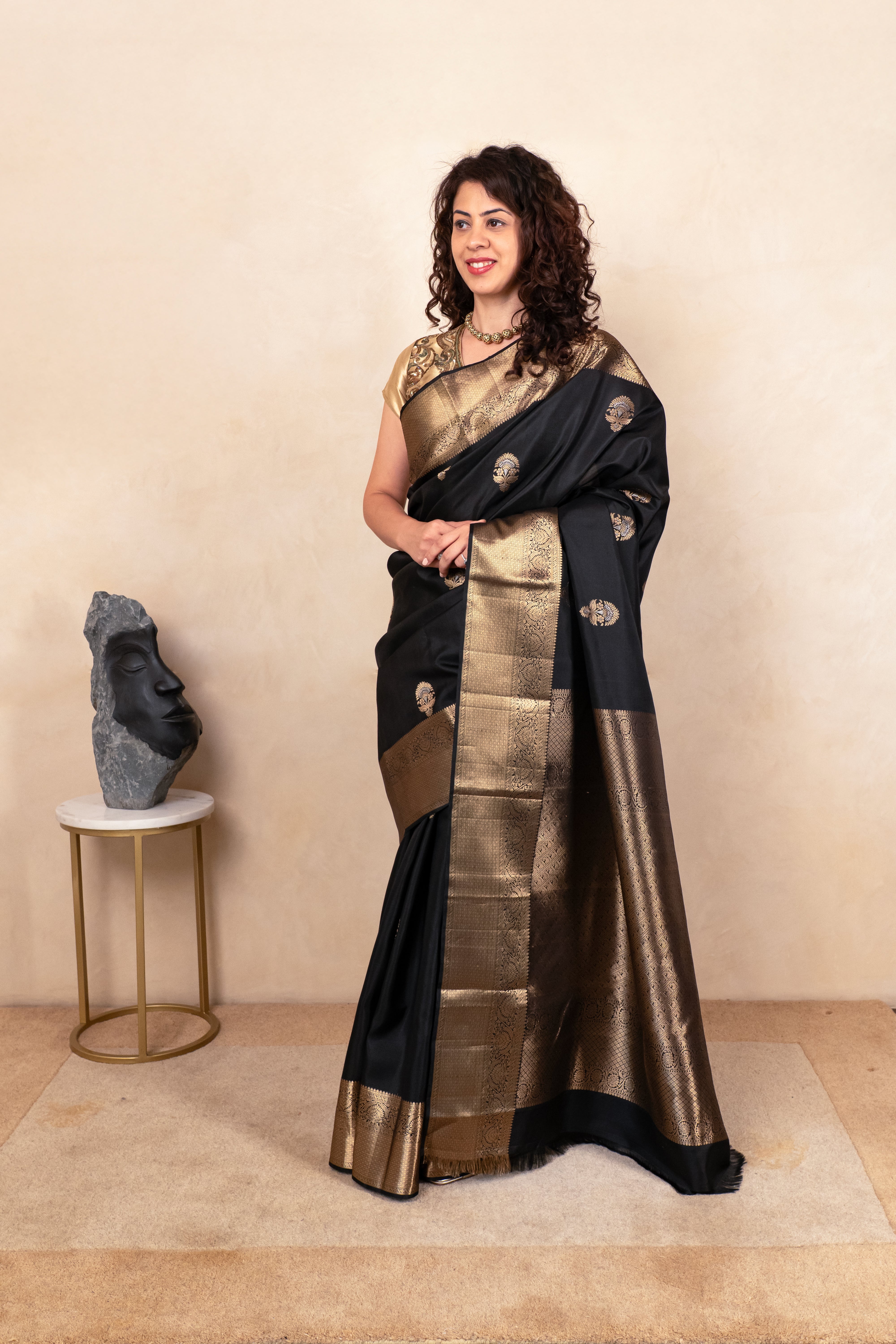 Classic Black Soft South Silk Saree with Heavy Gold Zari