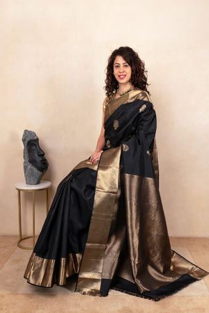 Classic Black Soft South Silk Saree with Heavy Gold Zari