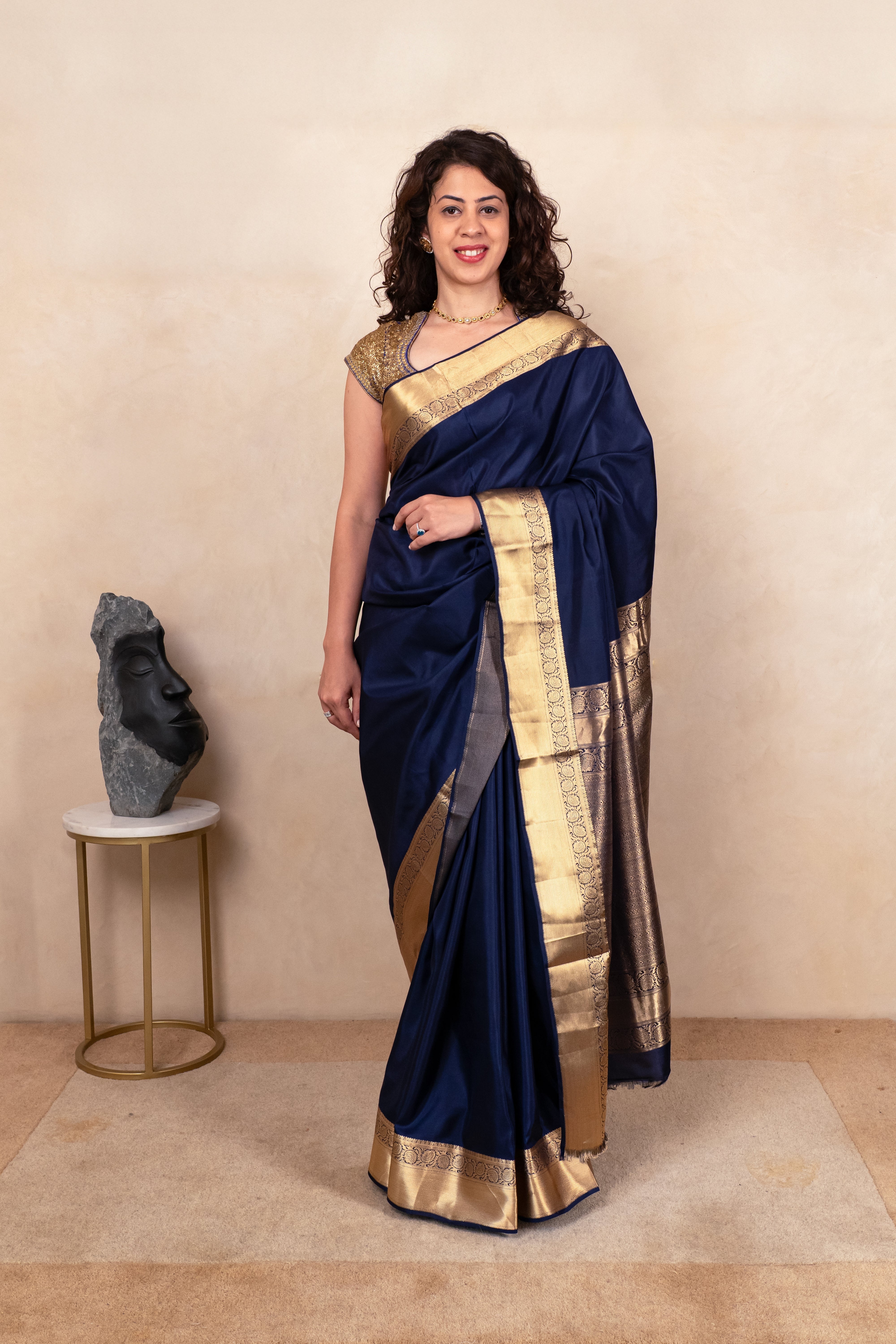 Regal Indigo Blue Soft South Silk Saree with Heavy Gold Zari