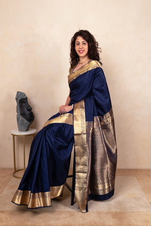 Regal Indigo Blue Soft South Silk Saree with Heavy Gold Zari