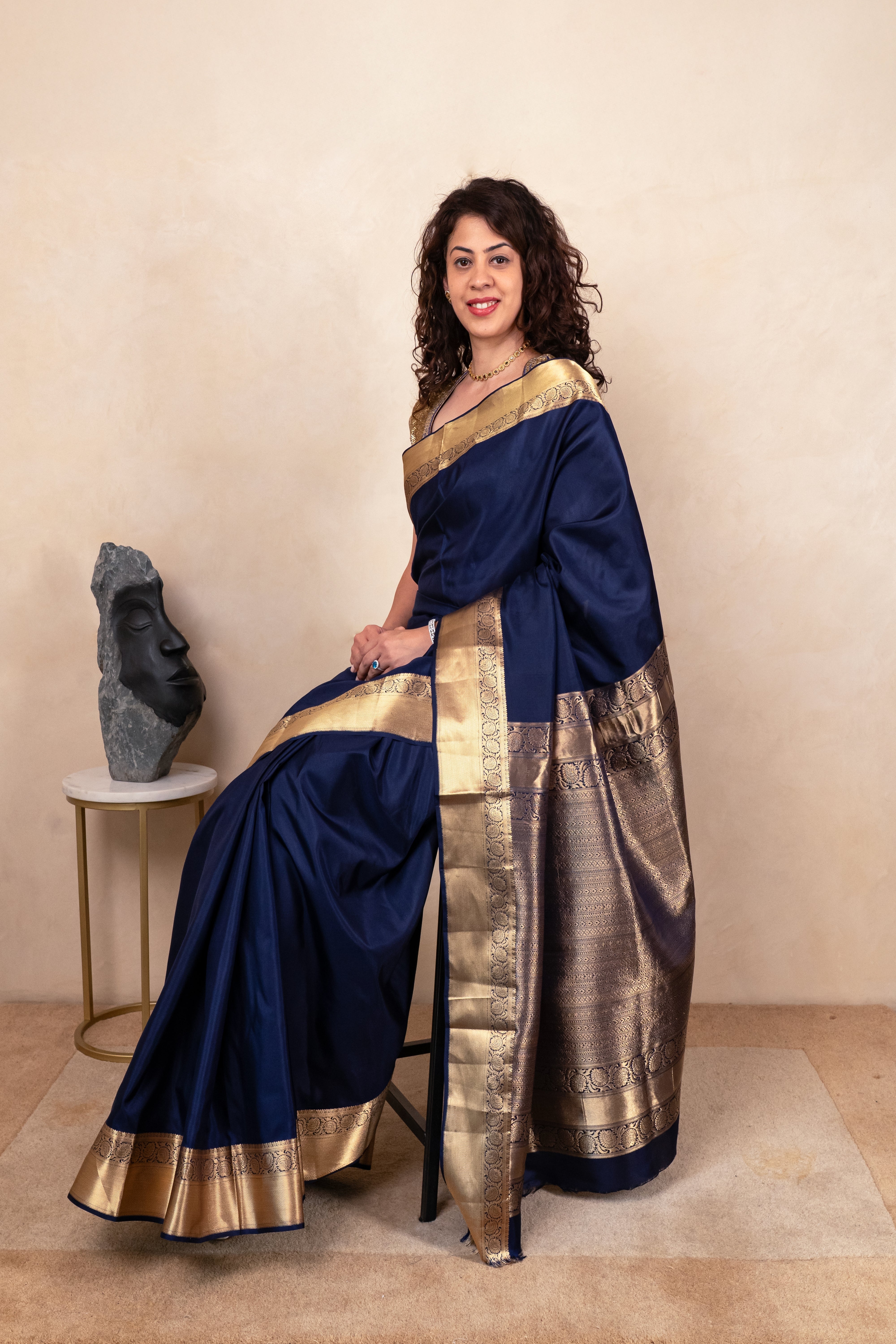 Regal Indigo Blue Soft South Silk Saree with Heavy Gold Zari