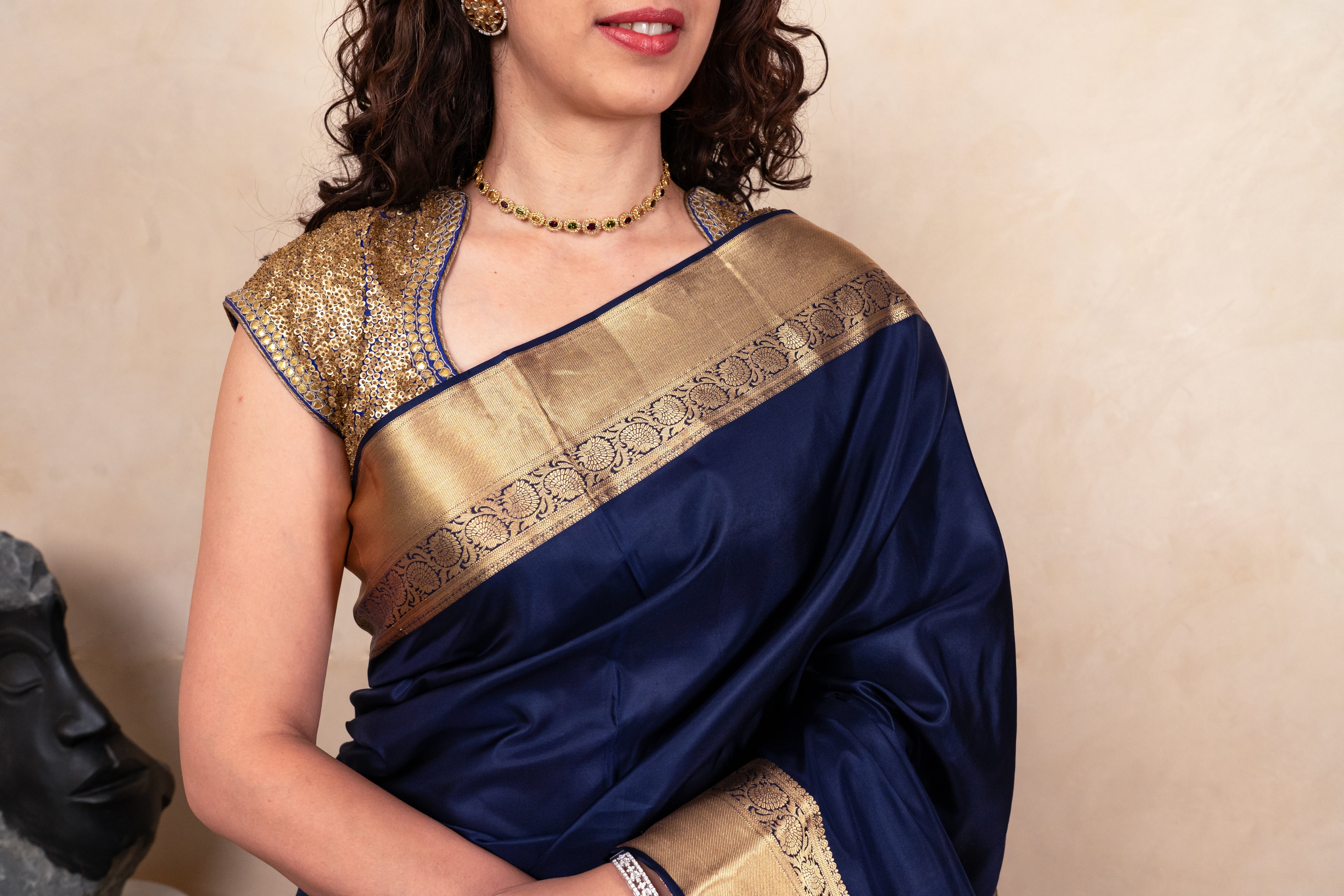 Regal Indigo Blue Soft South Silk Saree with Heavy Gold Zari