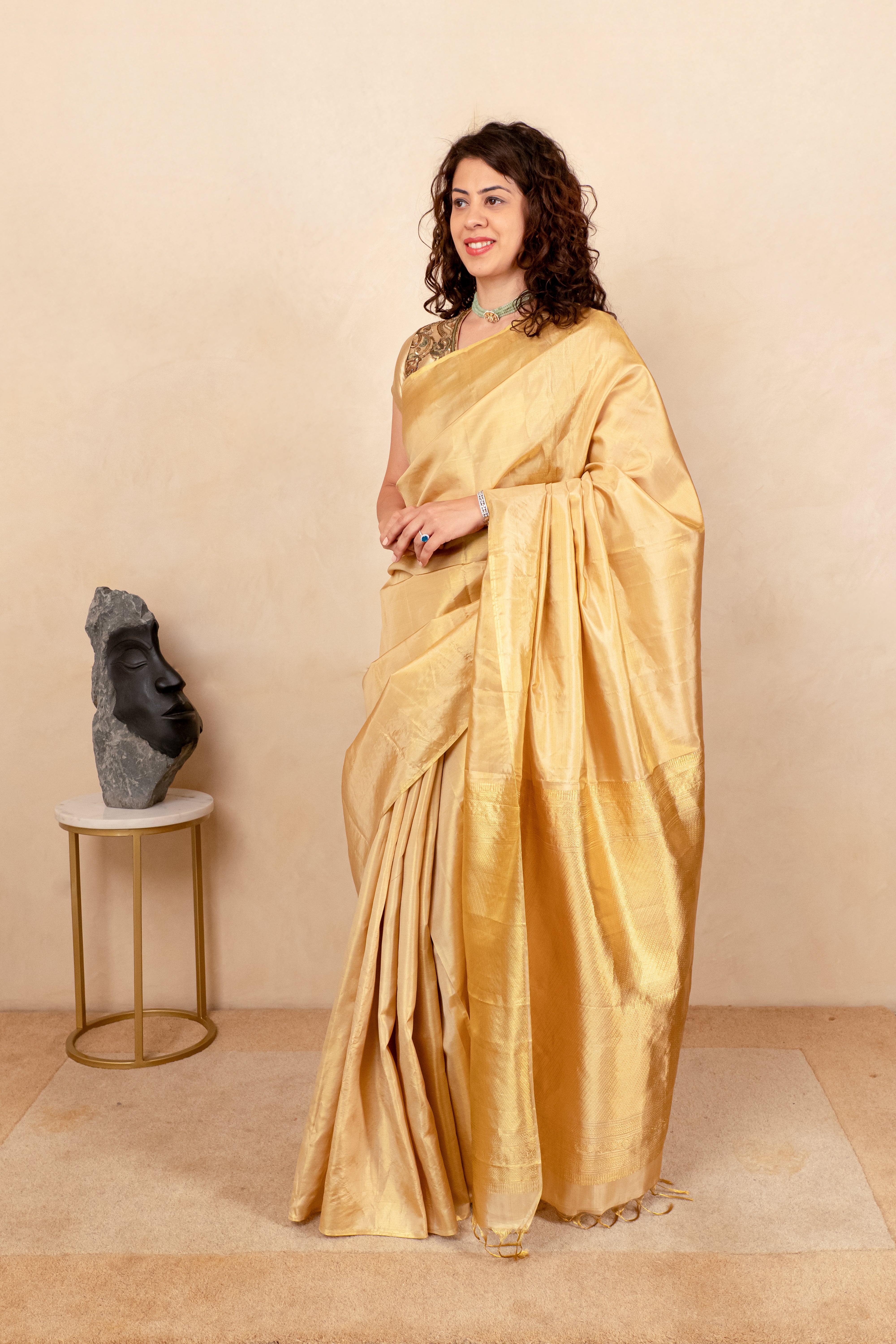 Radiant Gold Tissue Silk Saree with Contrast Ikat Blouse