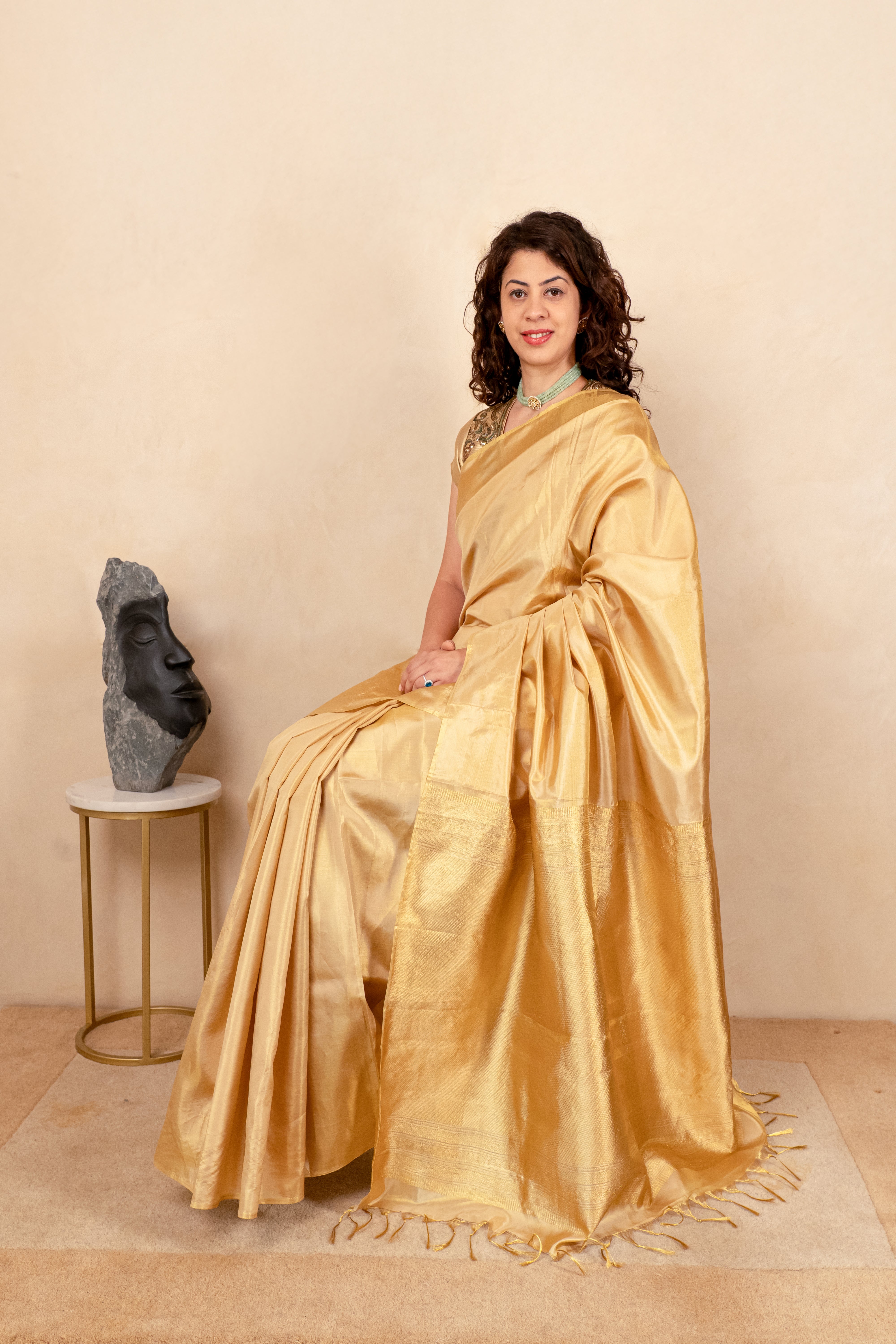Radiant Gold Tissue Silk Saree with Contrast Ikat Blouse