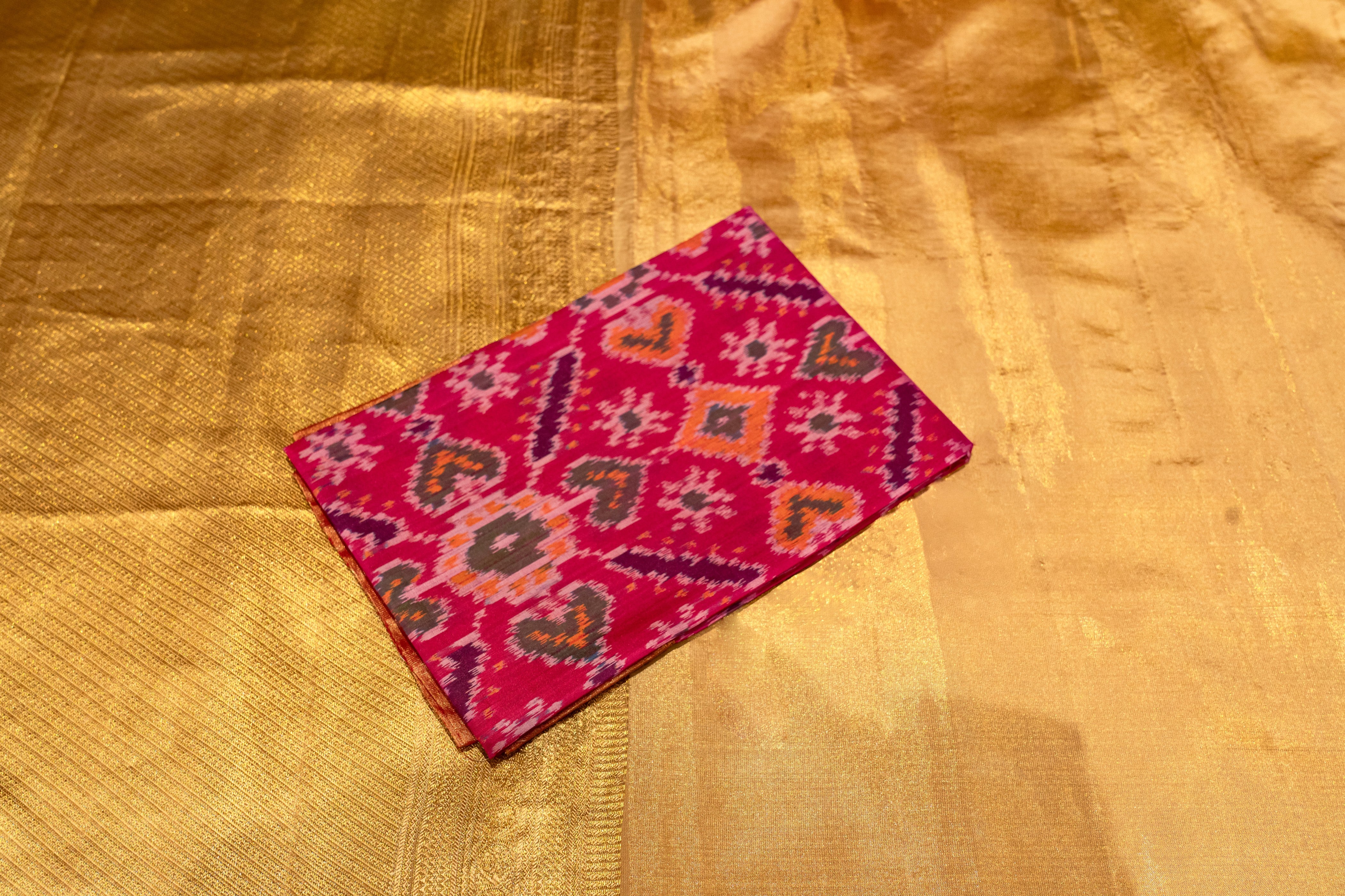 Radiant Gold Tissue Silk Saree with Contrast Ikat Blouse